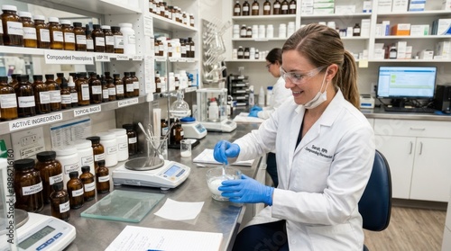 A female pharmacist is carefully weighing a small amount of white powder on a digital scale. She is wearing a white lab coat and blue gloves.