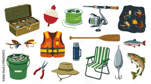 Collection of fishing gear and equipment for outdoor angling adventures, including lures, rods, reels, life vest, tackle box, and fish.