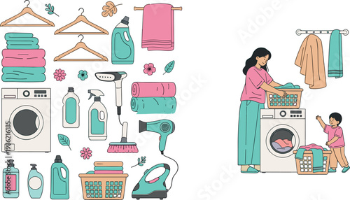 Laundry Room Essentials with Washing Machine, Detergents, Towels, and Family Using Household Appliances for Home CareLaundry Room Essentials with Washing Machine, Detergents, Towels, and Family