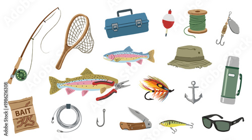 Collection of fishing gear and equipment for outdoor angling and recreational hobbies including rod net bait tackle and fish illustration