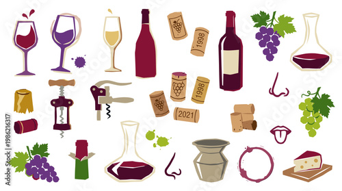 Collection of wine related items and symbols including bottles glasses decanters corks grapes cheese and corkscrews for beverage and celebration themes
