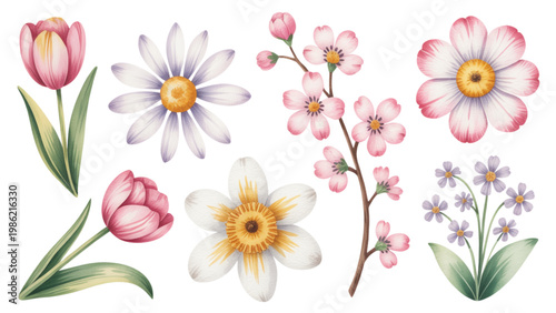 Vászonkép Vibrant watercolor-style floral illustrations with delicate petals and stems Vec