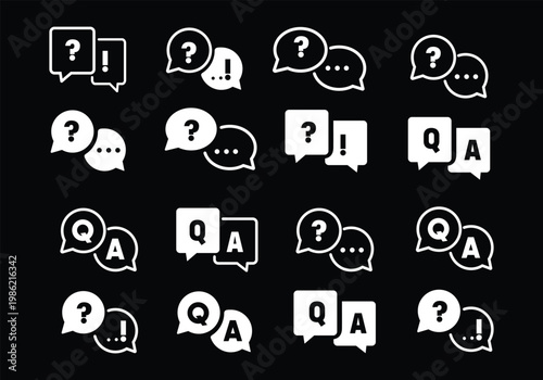 Question and answer icon set. Chat, speak bubble, Q and A, ask, support, dialog, help center symbol on white background - stock vector.