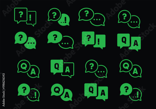 Question and answer icon set. Chat, speak bubble, Q and A, ask, support, dialog, help center symbol on white background - stock vector.