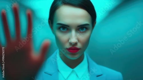 Social justice visual concept, A focused woman in a blue blazer holds up her hand, looking directly with intense eyes, set against a cool-toned, blurred background.