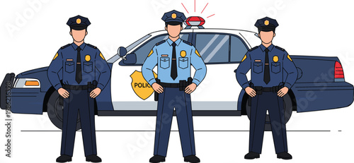 Police officers standing in front of patrol car vector illustration, law enforcement team, security service concept with uniformed policemen