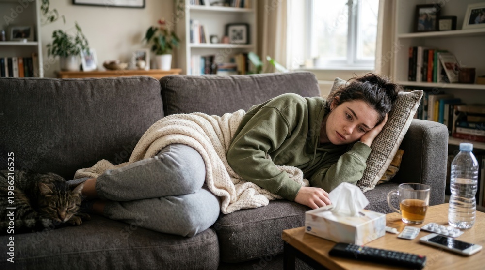 Fototapeta premium A young woman lies on a gray sofa, wrapped in a blanket, and resting her head on a pillow. A cat curls up beside her.