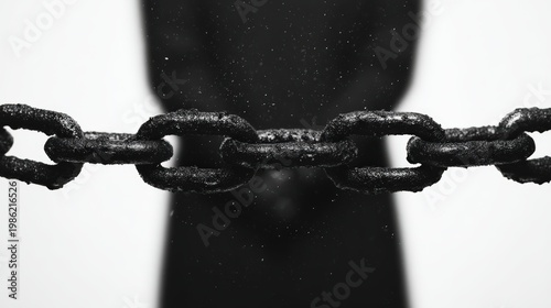Social justice visual concept, A close-up black and white photograph of a rusty chain with water droplets on it, emphasizing texture and strength.