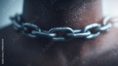 Social justice visual concept, A close-up image of a metal chain with visible texture, illuminated by soft light and surrounded by floating particles or dust.