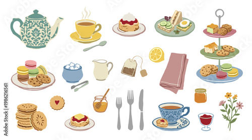 Afternoon tea party spread with assorted pastries, sandwiches, cookies, tea, and jam, perfect for a charming celebration or gathering.