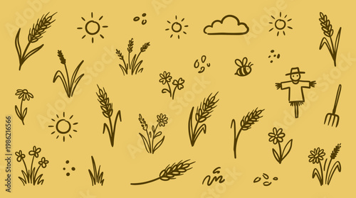 Charming hand drawn doodle illustrations of farm elements like wheat, scarecrow, sun, clouds, flowers, bee and farming tools on a yellow background representing harvest and rural life