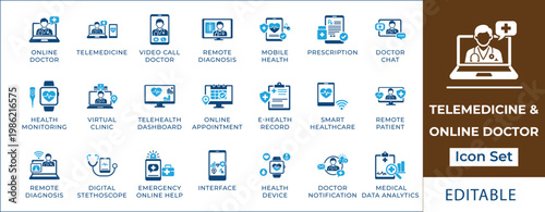 Telemedicine and online doctor icon set featuring virtual consultation, digital health monitoring, remote pharmacy, medical prescription, and healthcare app interface symbols.