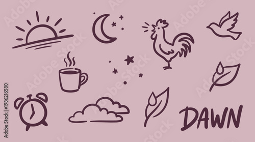 Hand drawn dawn icons set sunrise moon stars rooster bird alarm clock coffee cup clouds and leaf symbolizing morning awakening and new day beginning