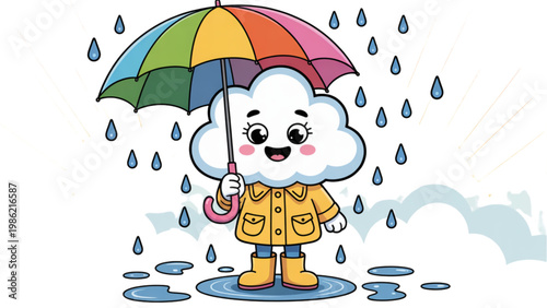 A cheerful cartoon character holding a colorful umbrella on a rainy day Vector