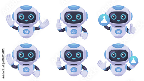 Five cartoon robots waving cheerfully in a row with blue and white color schemes Vector