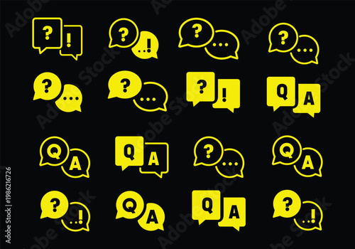 Question and answer icon set. Chat, speak bubble, Q and A, ask, support, dialog, help center symbol on white background - stock vector.