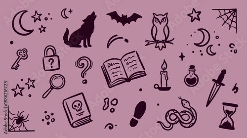 Mysterious Symbols and Icons for Detective Stories and Halloween Themes