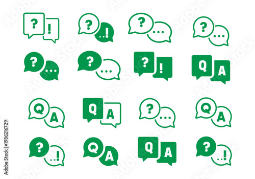 Question and answer icon set. Chat, speak bubble, Q and A, ask, support, dialog, help center symbol on white background - stock vector.