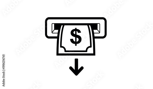 Black and white line drawing of an atm dispensing money with an arrow