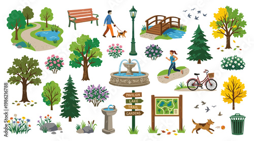 Vibrant park scene with people enjoying outdoor activities, lush greenery, trees, flowers, and recreational elements like a fountain and bridge