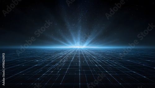 Vast digital expanse with glowing grid and bright light bursting from horizon, representing data and innovation
