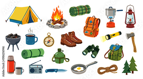 Collection of camping and hiking gear for outdoor adventure and wilderness exploration including tent backpack stove lantern boots compass and cooking equipment