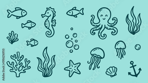 Cute Hand Drawn Ocean Life Collection Featuring Sea Creatures Plants and Nautical Elements on a Teal Background