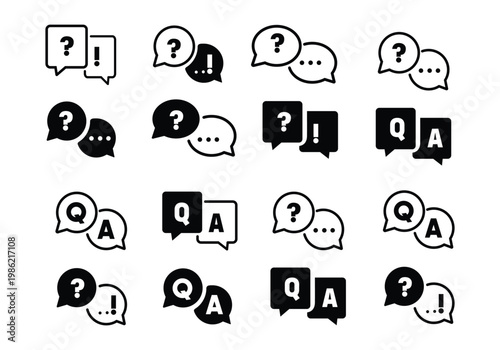 Question and answer icon set. Chat, speak bubble, Q and A, ask, support, dialog, help center symbol on white background - stock vector.