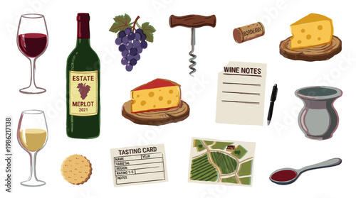 Wine tasting essentials including bottle glasses cheese grapes corkscrew tasting notes and vineyard map for a delightful beverage experience