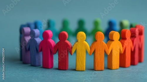 Social justice visual concept, Colorful wooden figures arranged in a circle, symbolizing unity, diversity, and community.