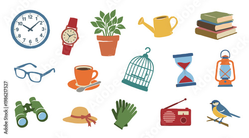Collection of vintage illustrated objects for hobbies and daily life including a clock binoculars watering can radio and bird