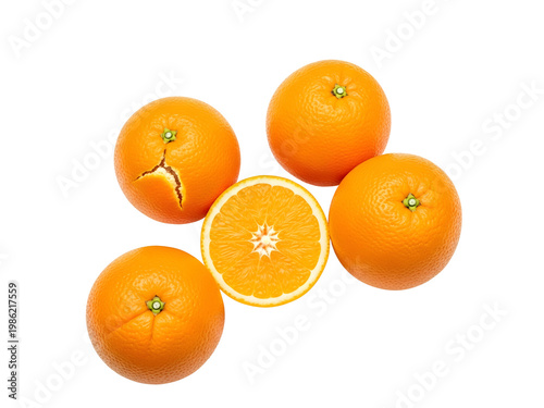 Four whole oranges and one sliced orange on white background transparent background
