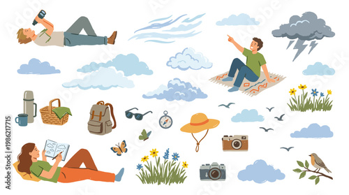 People enjoying outdoor activities and nature with picnic items, cameras, and books amidst clouds and weather elements