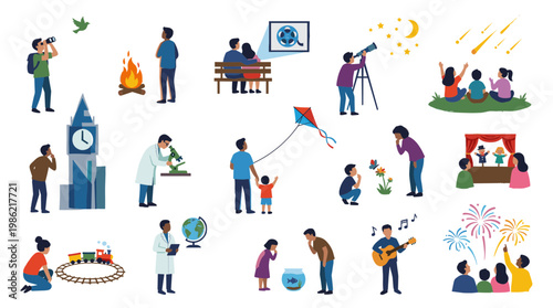 Diverse people enjoying various hobbies and educational activities outdoors and indoors, showcasing learning, creativity, and family fun