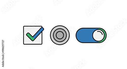 Essential user interface controls including a checkbox, radio button, and toggle switch.