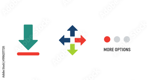 Digital interface icons representing download, movement, and more options