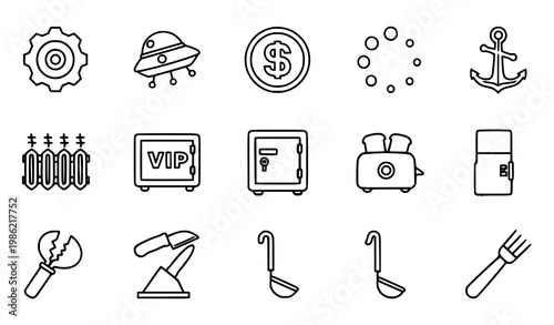 Minimal thin line icon set with tools kitchen appliances finance and security outline symbols vector