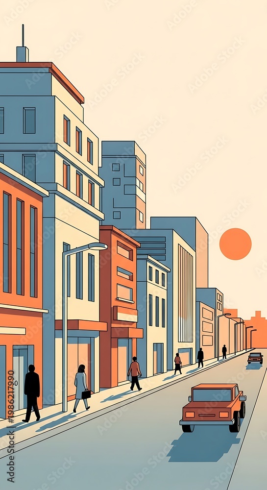 Fototapeta premium Illustration of urban cityscape with diverse buildings, street, people walking, car driving, and rising sun. Geometric style and warm colors