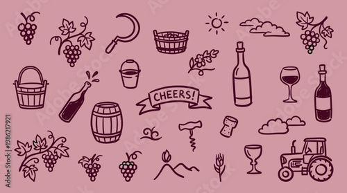 Hand drawn doodle illustration of wine making process elements including grapes, vineyard, tractor, barrel, bottle, glass, and cheers banner on pink background