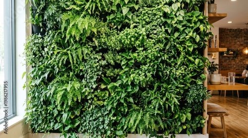 A lush green wall of plants covers a section of a restaurant wall. The wall is positioned next to a large window, offering natural light.