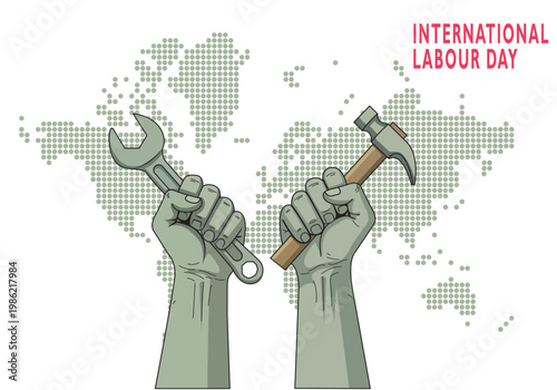 Illustration for International Labour Day featuring two raised fists holding a wrench and a hammer, symbolizing workers' rights and global solidarity, set against a dotted world map.