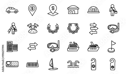 Minimal thin line travel tourism and resort icon set with vacation leisure and hotel outline symbols vector