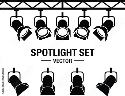 Modern Vector Spotlight Set with Adjustable Theater Stage Lights in Black and White