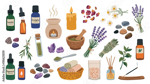 Aromatherapy wellness collection with essential oils, herbs, crystals, and burning incense for relaxation and natural healing