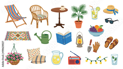 Collection of summer outdoor leisure items and decor for a relaxing vacation or garden party