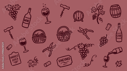 Whimsical hand drawn illustration of wine making elements including grapes, bottles, glasses, corkscrews, barrels and pruning shears on a textured background celebrating harvest