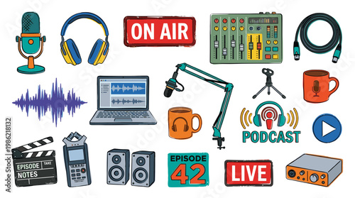 Podcast equipment and accessories collection for audio recording and broadcasting, featuring microphones, headphones, mixer, laptop, and sound wave graphics