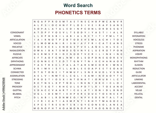 Word search puzzle with phonetics and linguistics terms. Educational vector illustration for speech and language study.