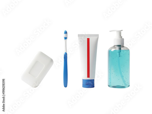 Toothbrush toothpaste soap hand sanitizer on white background transparent background