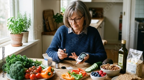 An elderly woman checks her blood sugar levels at a kitchen table. She is surrounded by fresh vegetables, fruits, and healthy food items.